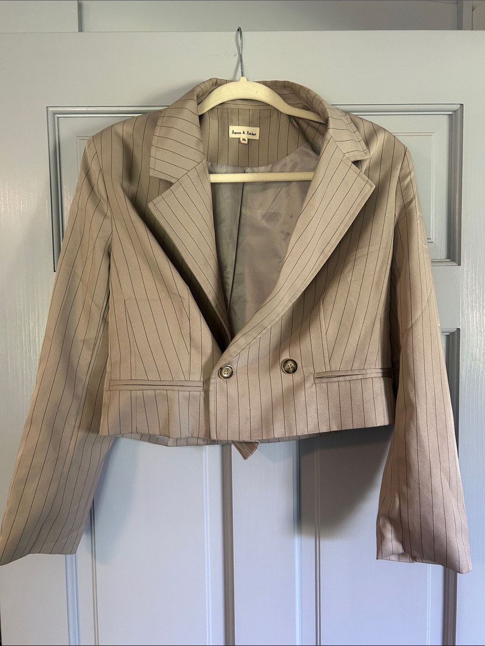Ava & Aiden Beige Pinstripe Cropped Blazer
